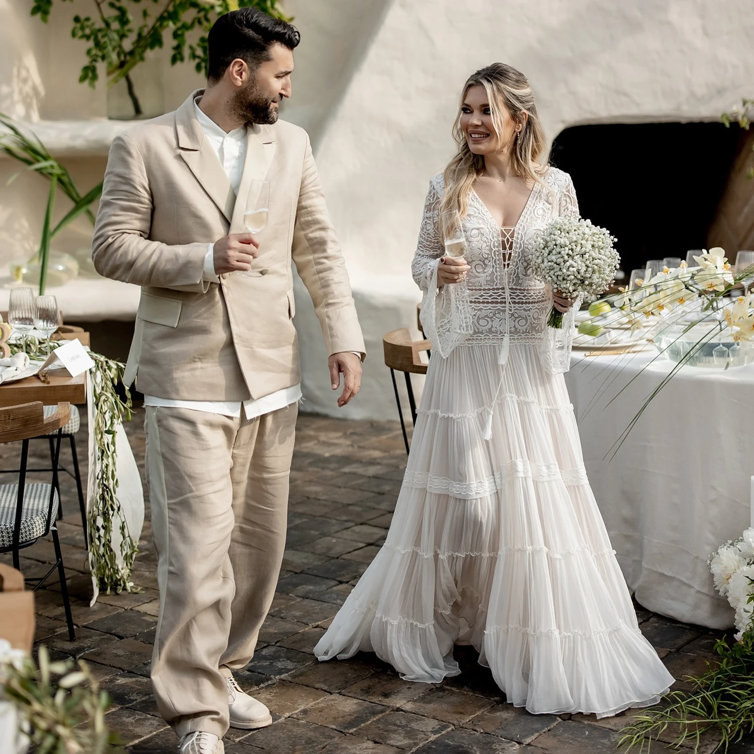 Full Length Tiered Bohemian Wedding Dress Long Sleeves Criss Cross V Neckline Chiffon Closed Back Lace Ruffles Bridal Gowns