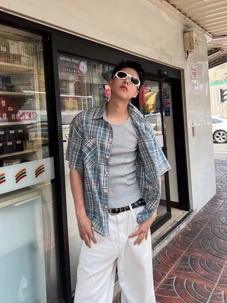 

Summer American Sle Brued Plaid ort Sve Loose Fit ex Casual irt Trendy Couple's Cheered irt Coat