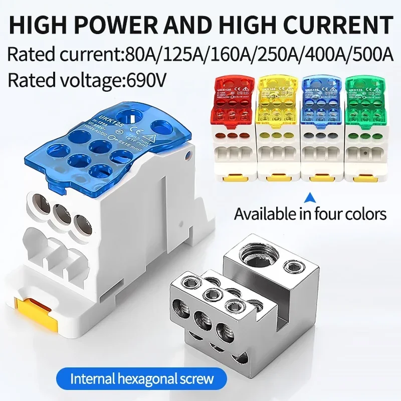 UKK 80A Terminal Block 1 In Many Out Din Rail Distribution Box Universal Electric Wire Connector Red Yellow Blue Green