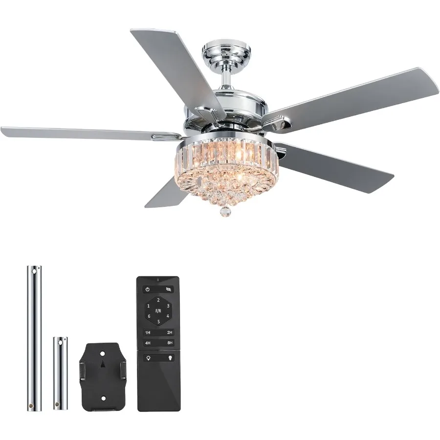 52-Inch Crystal Ceiling Fan with Integrated Light and Remote Control for Farmhouse Bedroom Indoor Use 5 Blades Design with 6-Sp