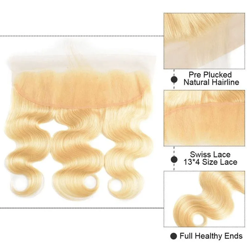Human Hair 613 Blonde Body Wave 13x4 Lace Frontal 10-22 Inch 150% Density Full End Pree Part Brazilian Virgin Hair Pre-Plucked