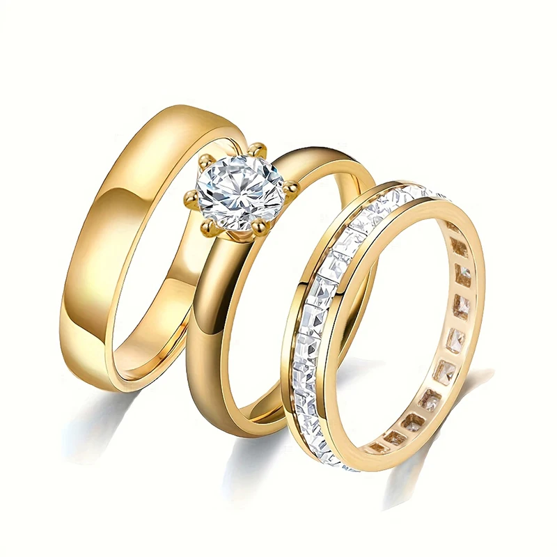 Huitan Attractive 3Pc/Set Rings for Wedding Exquisite Dazzling Women Finger Accessories Fashion Graceful Gentle Party Jewelry