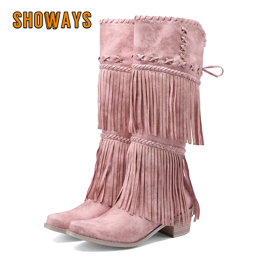 

Сапоги до колена с бахромой в стиле вестерн, женские розовые сапоги с косой и кисточками, острый носок, квадратные каблуки, женские винтажные длинные сапоги на молнии