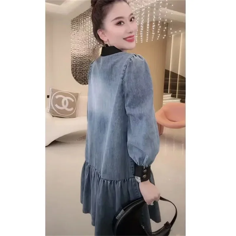 2023 Autumn New Women Denim Personalized Button Stitching Mid Length Long Sleeved Dress Slim Belly Covering Loose Fitting Skirt