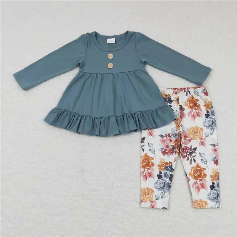 

New Wholesale Girls Autumn And Winter Long-Sleeved Trousers Suit Round tie Button Ruffle