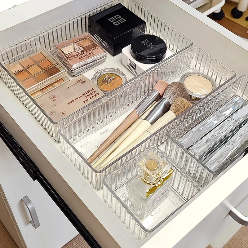 

Plastic Transparent Cosmetics Storage Boxes Set Stackable Vanity Bathroom Makeup Organizer Bin Desktop Drawer Organizer