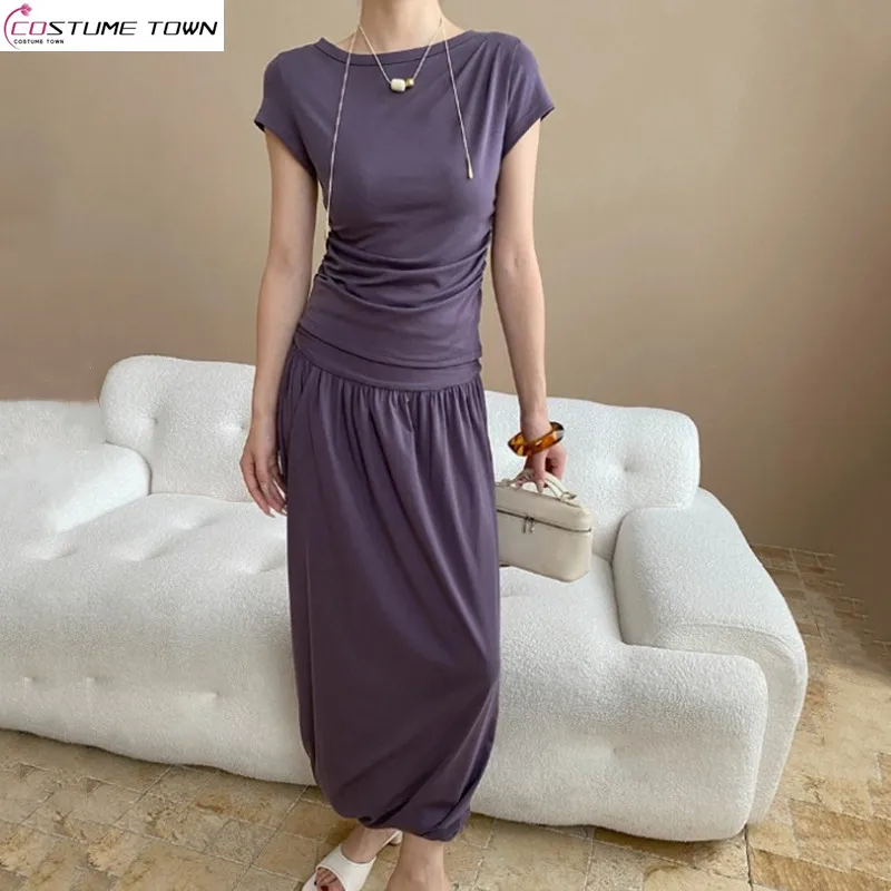

Spring and summer new European and American style irregular short sleeved T-shirt+flower bud skirt two-piece set