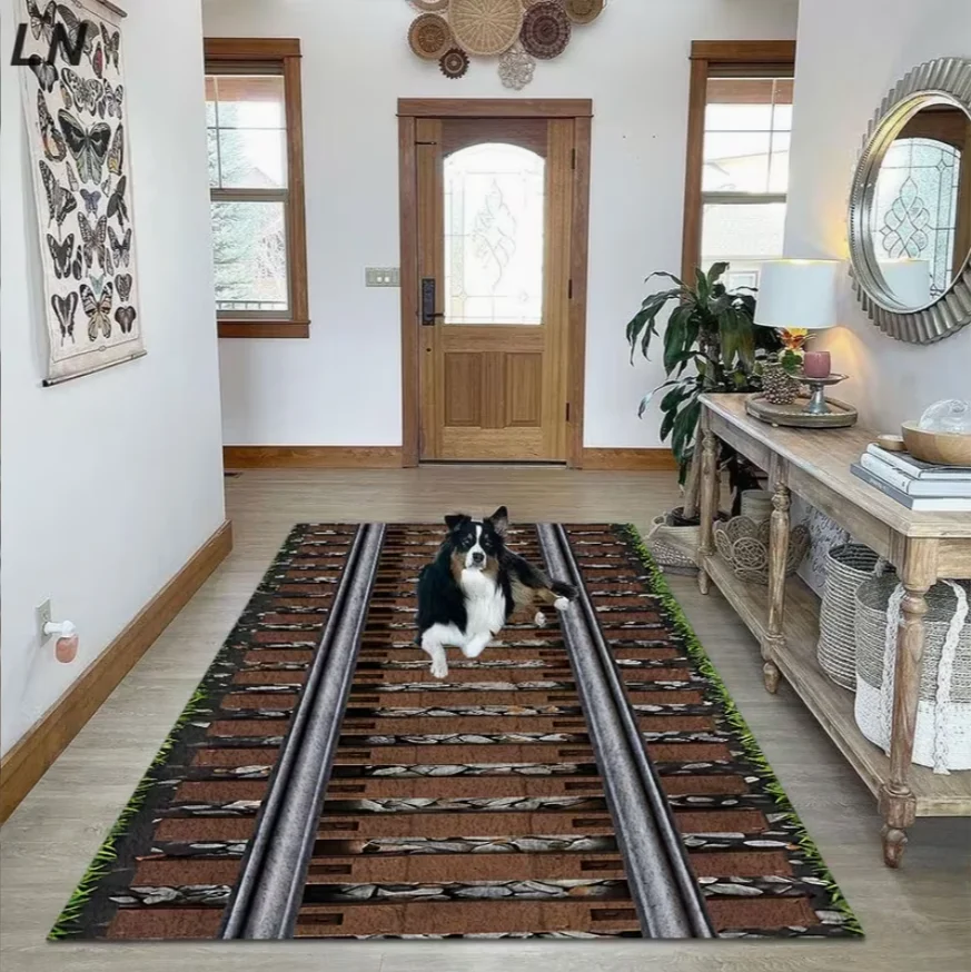 Railroad Track Rug Illusion Hallway Runner 3D Rustic Train Track Carpet for Entryway Industrial Decor Boys Room  Rug Home Decor
