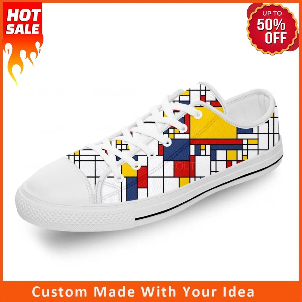 Mondrian Abstract Art Aesthetic White Cloth Fashion 3D Print Low Top Canvas Shoes Men Women Lightweight Breathable Sneakers