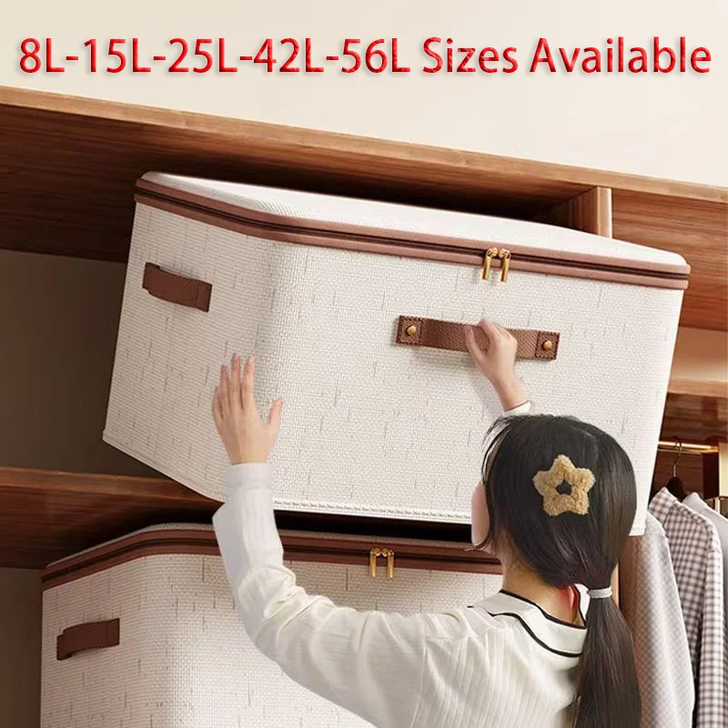 Large Household Storage Box Heavy-duty Hard Shell Cotton Linen Zipper Storage Organizer Box with Lid for Clothes Toys Blankets ﻿