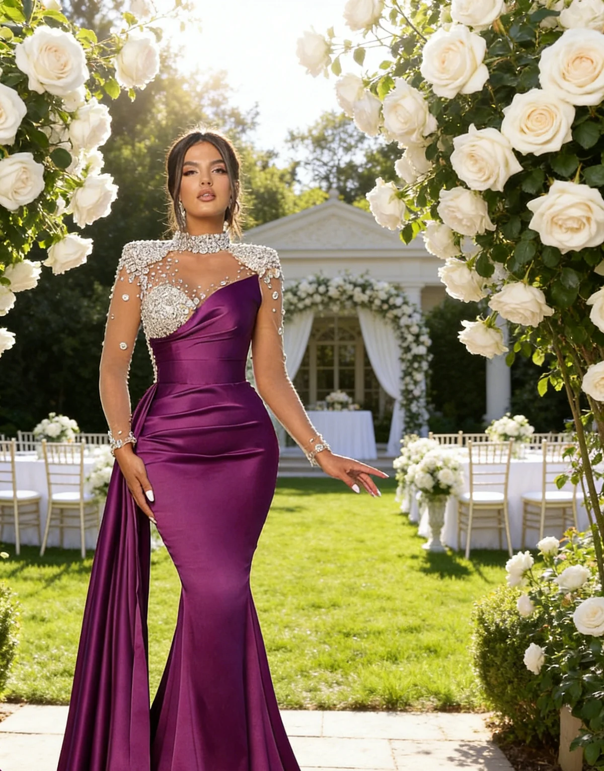 

Hidais Chic Beaded High Neck Prom Dress Long Sleeve Satin Mermaid Ruffle Formal Gown