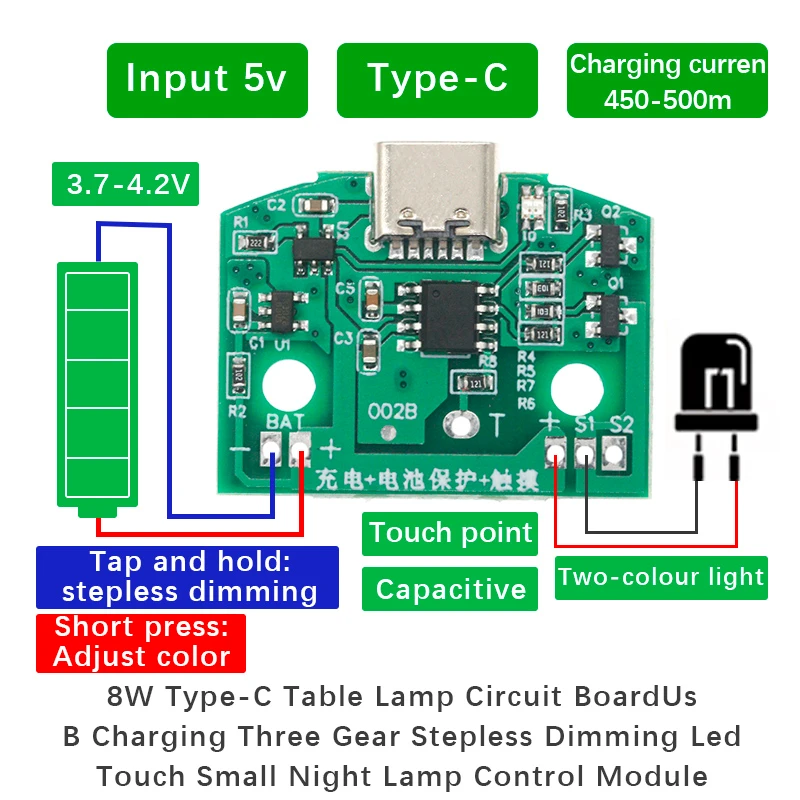 1/5/10PCS 8W Type-C Table Lamp Circuit Board USB Charging Three Gear Stepless Dimming Led Touch Small Night Lamp Control Module