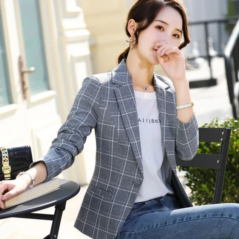 Blazer informal de manga larga para mujer, chaqueta a cuadros de negocios, ropa de abrigo para primavera y otoño, novedad de 2023