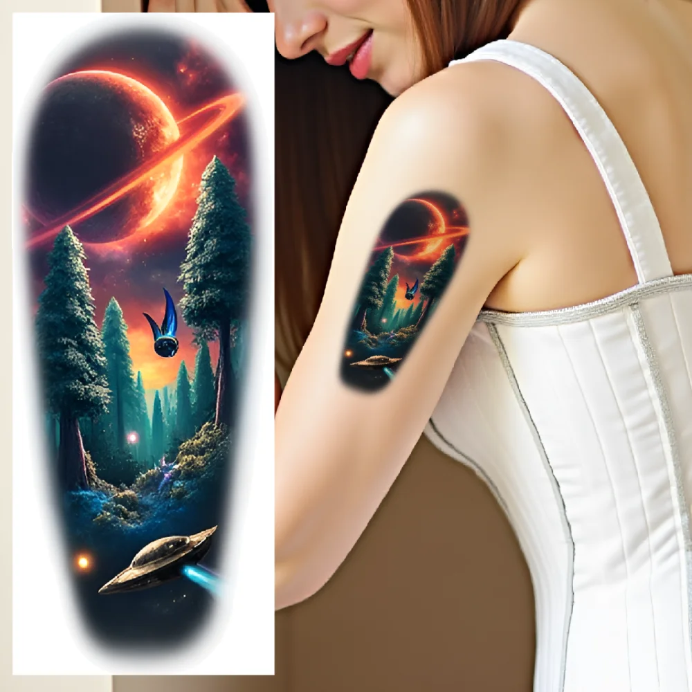 

12pcs Temporary Tattoo Astronaut Waterproof Long-lasting Body Stickers Cosmic Scene Black Hole Colorful Realism Planet For