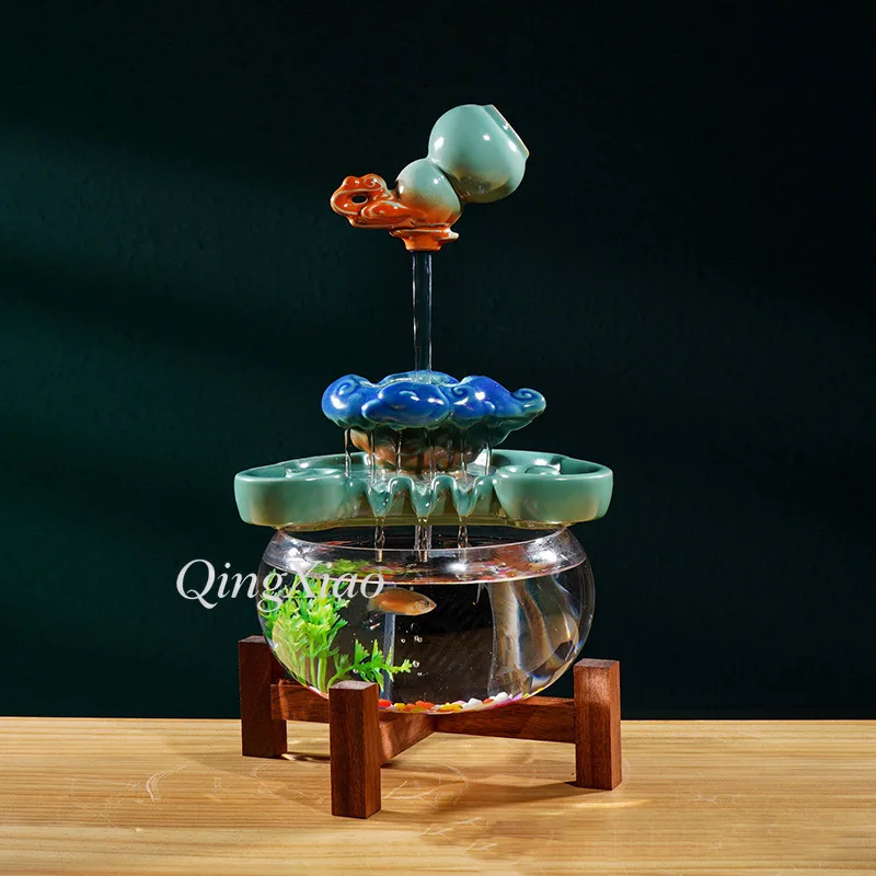 Chinese Style Hanging Pot Desktop Water Fountain Ceramic Glass Fish Tank Indoor Office Living Room Tabletop Home Decor Ornament