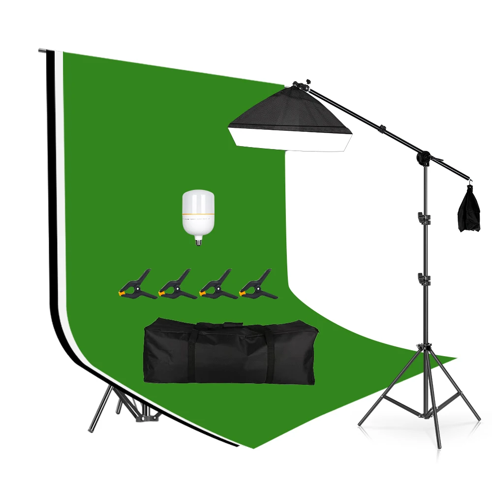 2X2M T-Shape Background Stand Kits With 3 Colors Backdrops Photography Chromakey Green Screen Photos Boom Arm Softbox 135W Bulb