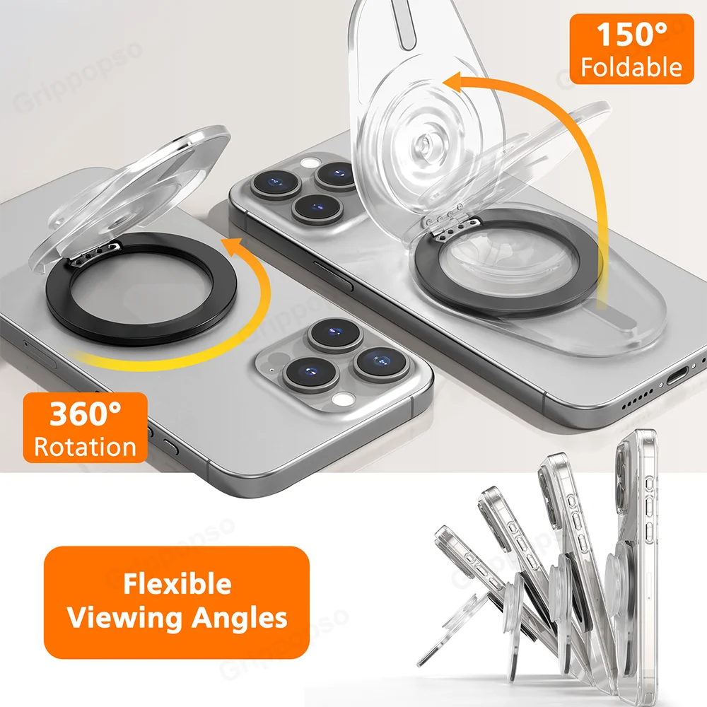 Grippopso Soporte para teléfono con anillo magnético 3 en 1 para iPhone 16 15 14 13 con funda de silicona 360 ° Soporte de agarre para teléfono ajustable con rotación