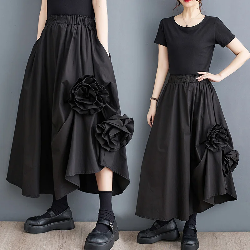 #3012 Spring Summer Black Vintage Midi Skirt Women Irregular A-line Skirts Spliced Floral Elastic High Waist Skirts Gothic Loose