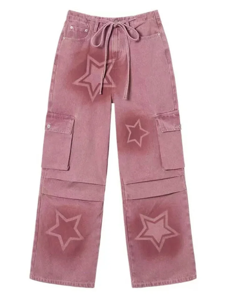 ADAgirl-pantalones vaqueros Cargo holgados para Mujer, ropa de calle de Hip Hop, pantalones vaqueros de paracaídas de estrella Kpop, pantalones casuales Harajuku, color rosa Y2k