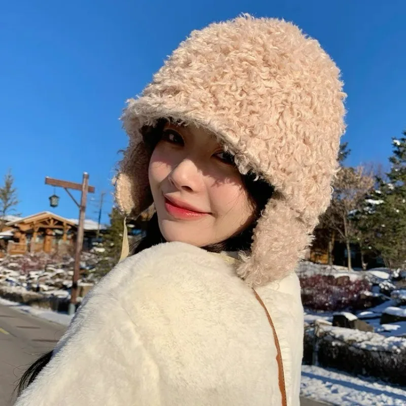 Winter Ear Protection Hats Women Sweet Korean Retro Plush Outdoor Thickened Warm Cute Strap Lace-up Beanies Pullover Cap