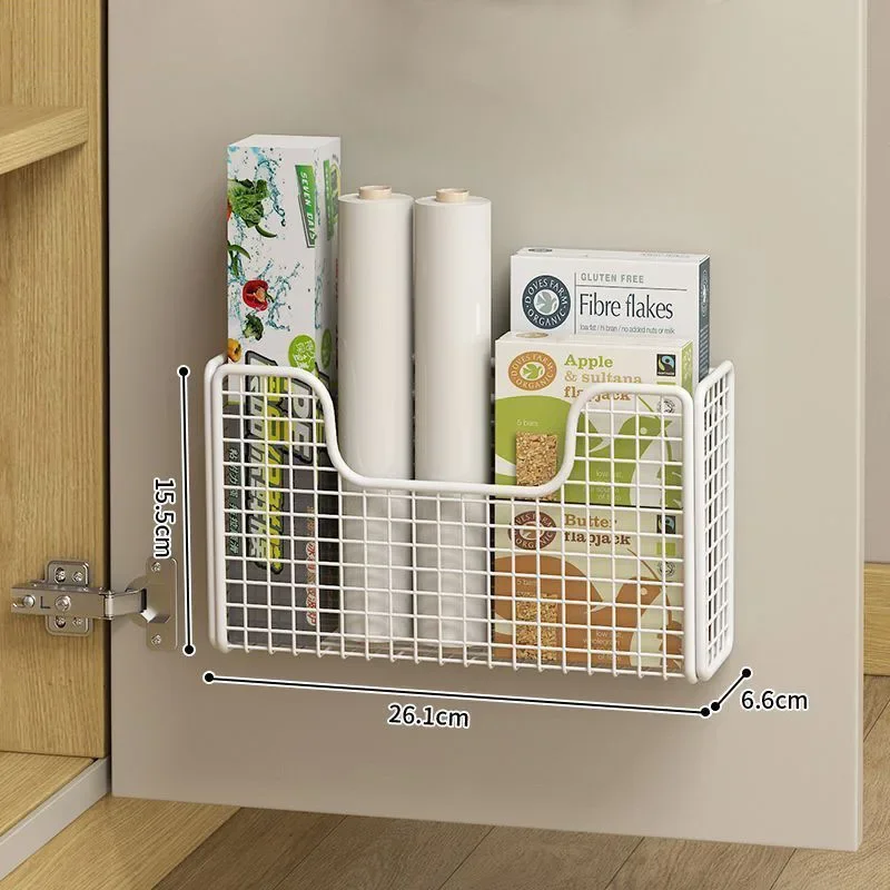 1pc Punch-free Kitchen Cabinet Door Storage Box Iron Rack Wall-mounted Cabinet Plastic Wrap Rack Bathroom Refrigerator Organizer
