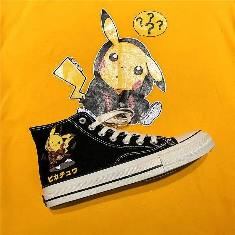 

Real Pictures 2025 New autumn spring Pikachu man plus big size black high top Canvas Shoes Student sports women flats shoes