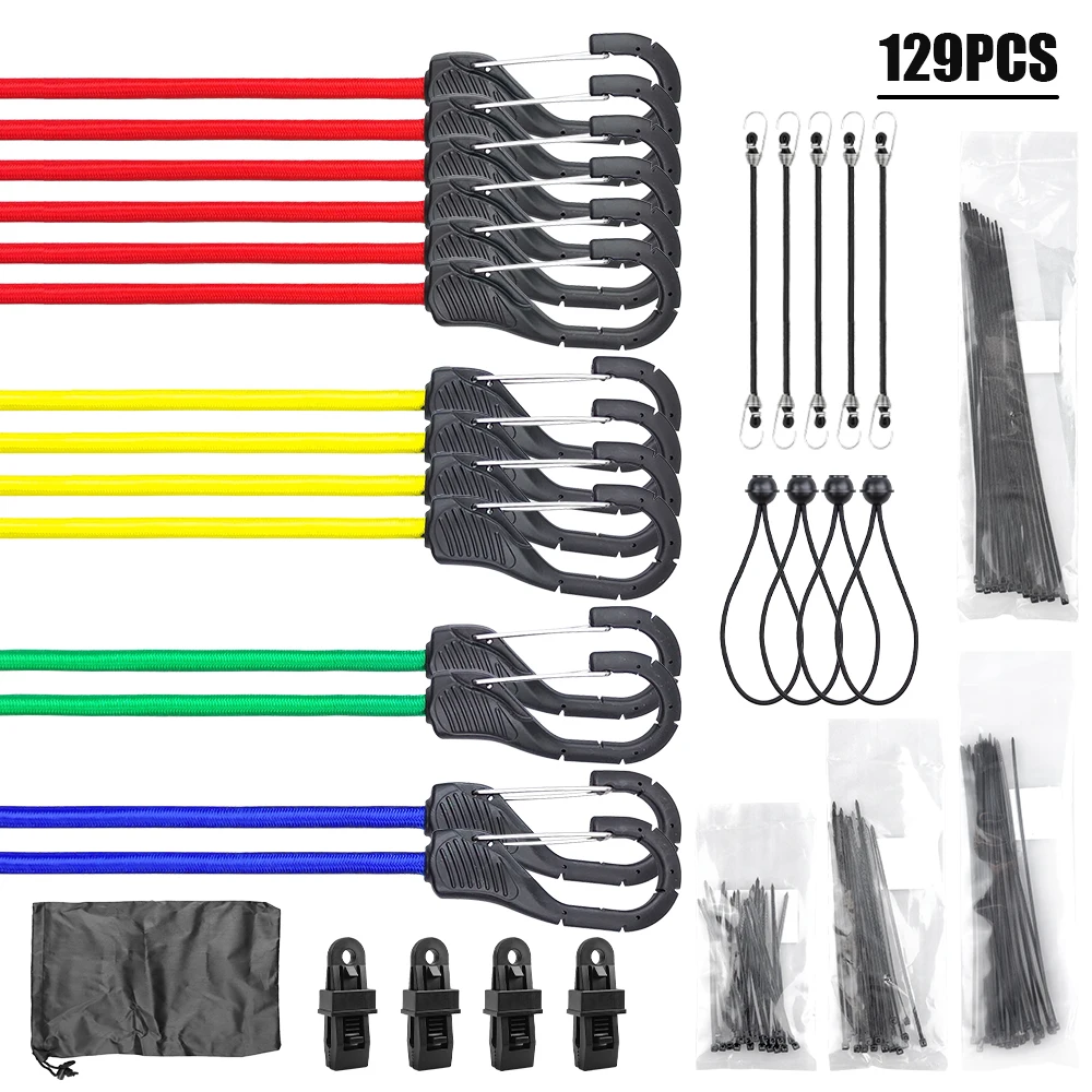 129 PCS with carabiners Bungee Cords, Includes Bungee Cord With Hooks,Canopy Tarp Ball Ties , Tarp Clips,ties and a storage bag.