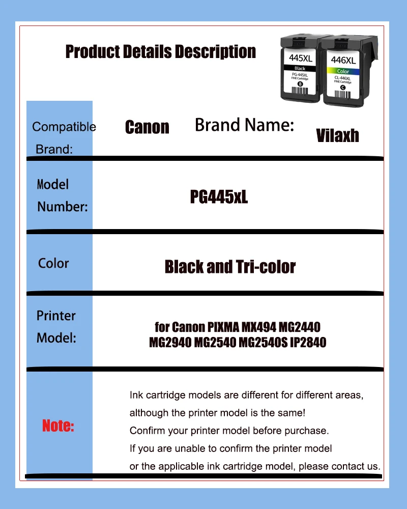 Pg445 Cl446 Ink Cartridge PG445 CL446 compatible Ink Replacement for Canon Pixma MG2540 TR4540 TR4640 TS3340 TS3440 TS3140