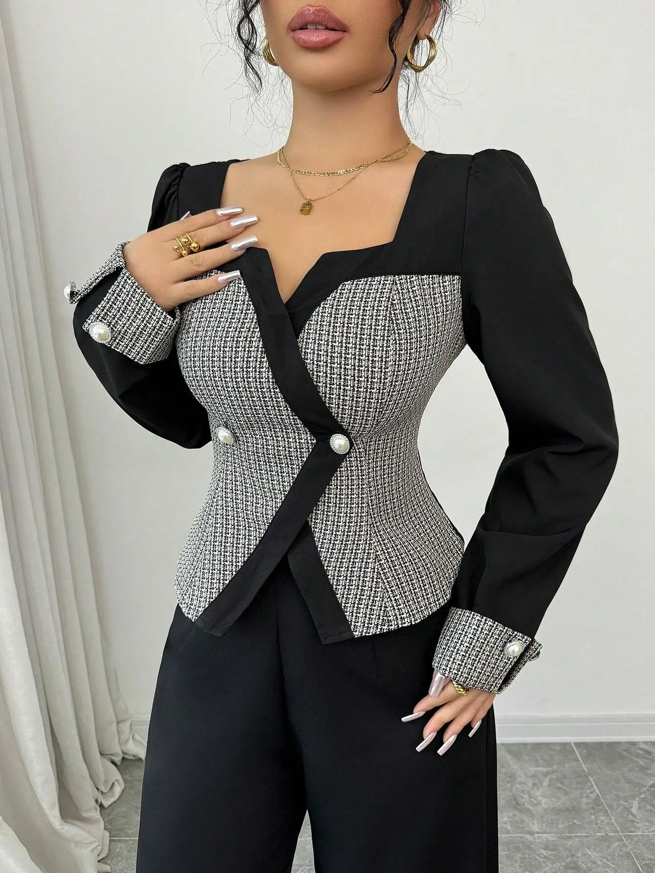 

Women's Elegant Color Block Blazer And Wide Leg Pants Set Autumn