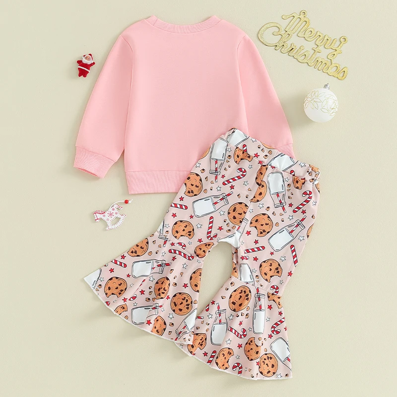 2023-09-05 Lioraitiin 6M-4Y Toddler Baby Girls Christmas Outfits Long Sleeve Letter Sweatshirt and Cookies Flared Pants Set Suit