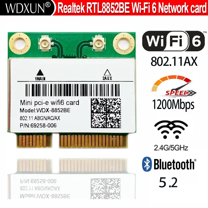 Wifi 6 Realtek RTL8852BE Network Card 1800Mbps BT 5.0 Dual Band Wireless Wi-Fi Adapter 802.11ac/ax 2.4G/5Ghz MU-MIMO PCIe