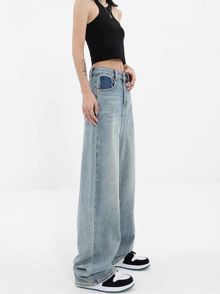 

WCFCX STUDIO Retro Washed Jeans for Women Summer New High Waisted Denim Pants Y2k Wide Leg Pants Streetwear Straight Jeans