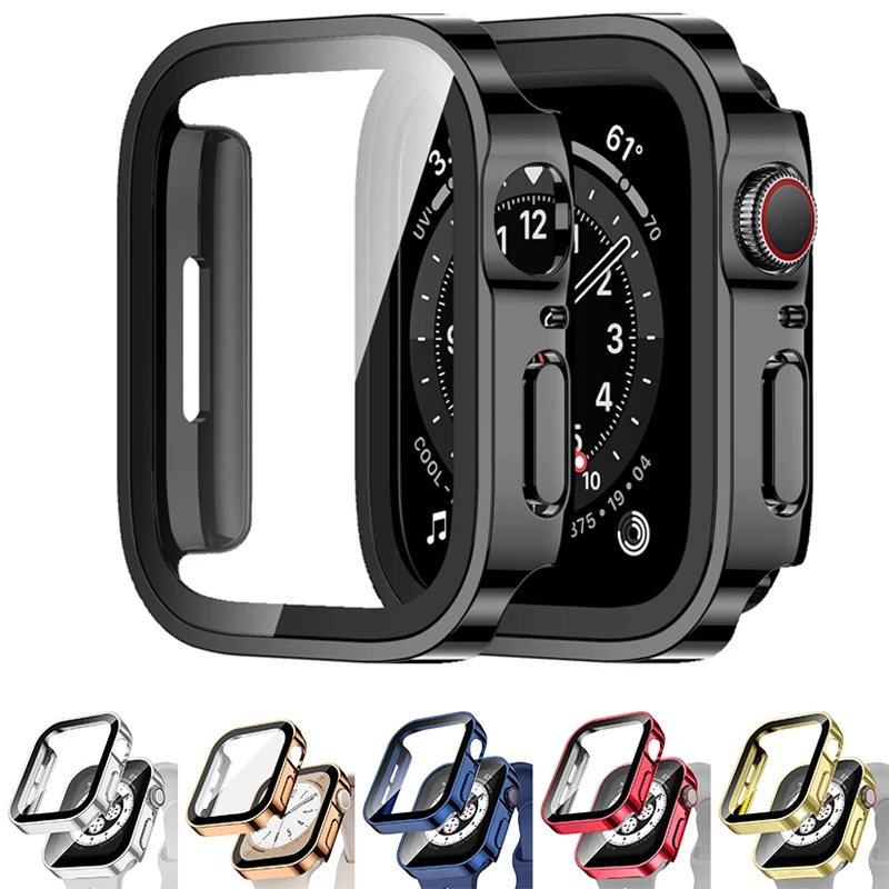 Стекло + чехол для Apple Watch, чехол 45 мм, 41 мм, 44 мм, 40 мм, водонепроницаемая закаленная защитная пленка для экрана iWatch series 9 7 8 SE 6 5, аксессуары