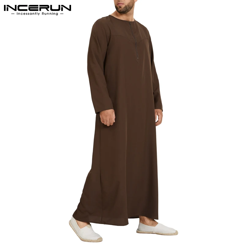 Incerun Mannen Moslim Arabische Kaftan Islamitische Lange Mouw Abaya Gewaden Effen Kleur Saudi Arabië Jurk Jubba Thobe Heren Kleding S-5XL