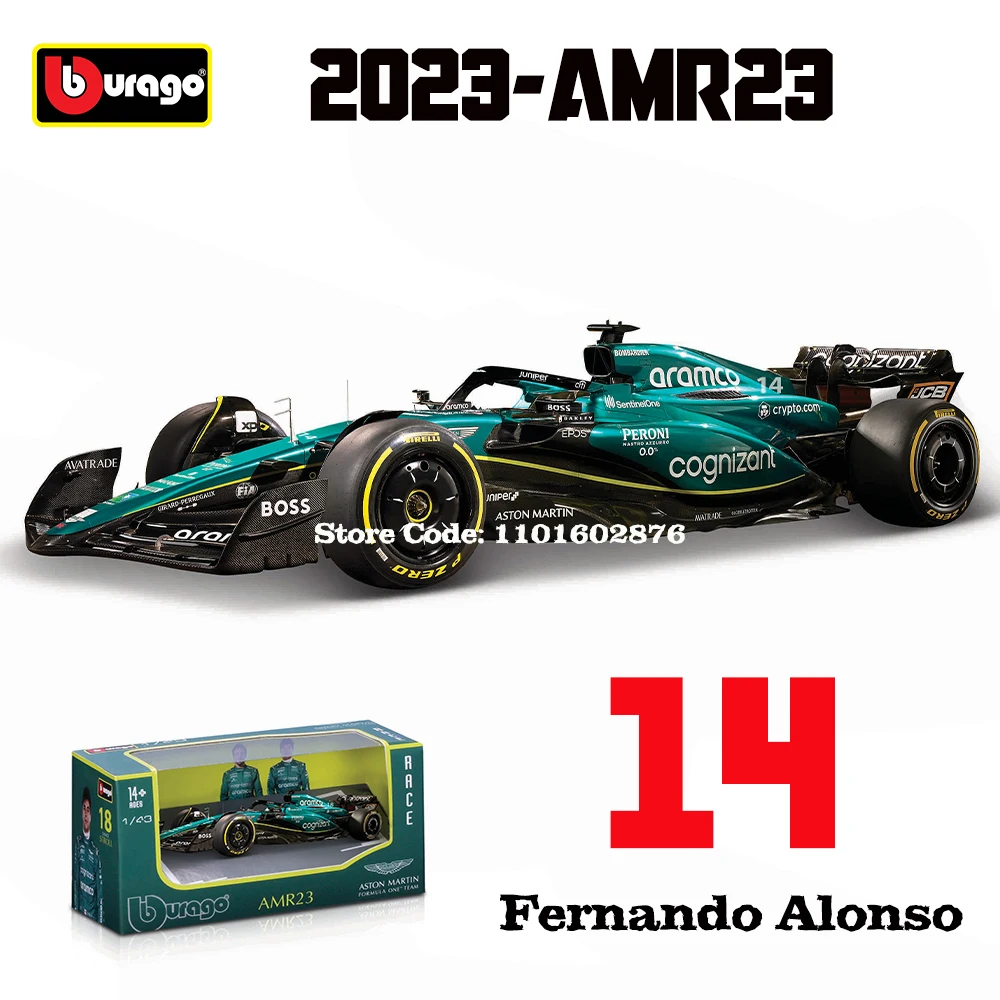 Bburago 1:43 F1 Aston Martin Aramco F1 Team AMR23 2023 #14 Alonso #18 Stroll Alloy Car Die Cast Model Toy Collectible