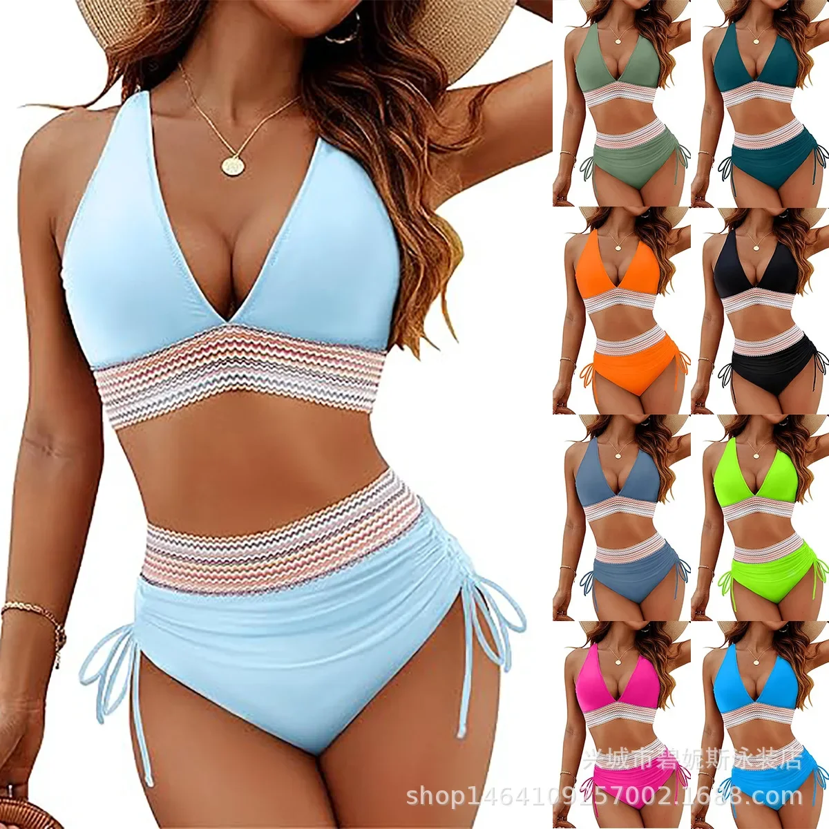 Bikini dividido para mujer, traje de baño fino de dos piezas de cintura alta, conjunto de traje de baño Sexy con cordones y cuello ajustado para vacaciones de verano en la playa