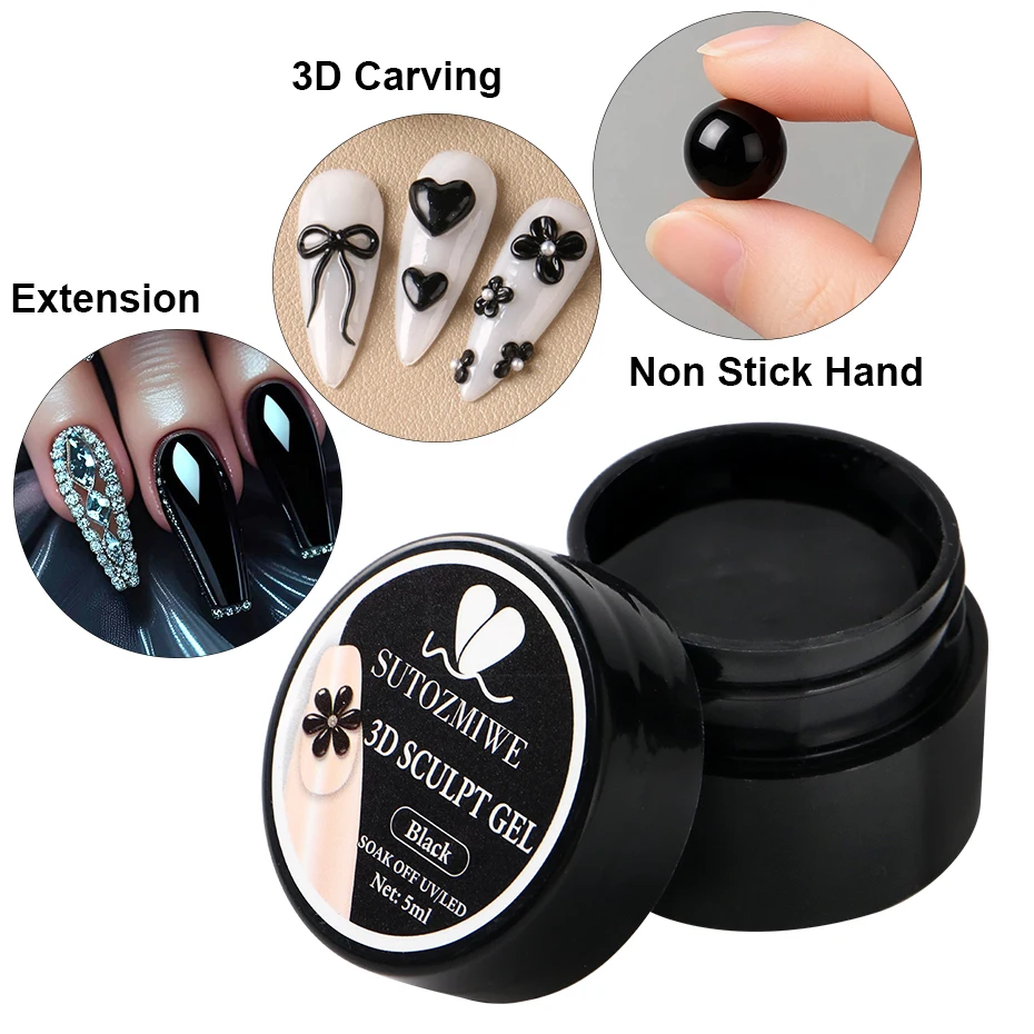 5ml Schwarzes 3D-Modelliergel für Schnelle Nagelverlängerung Elegantes Schnitz-Blumen-Nagelkunst-Formgel Nicht Klebend Handfreundliches Hartgel – Detail 7