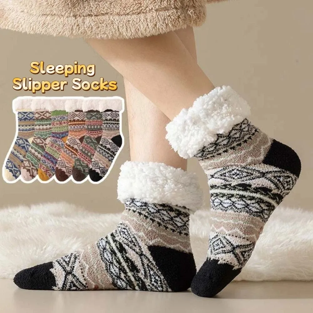 

Vintage Style Plush Thick Thermal Socks Mid Tube Anti Slip Sleeping Socks Ethnic Style Thicken Warm Floor Socks Indoor
