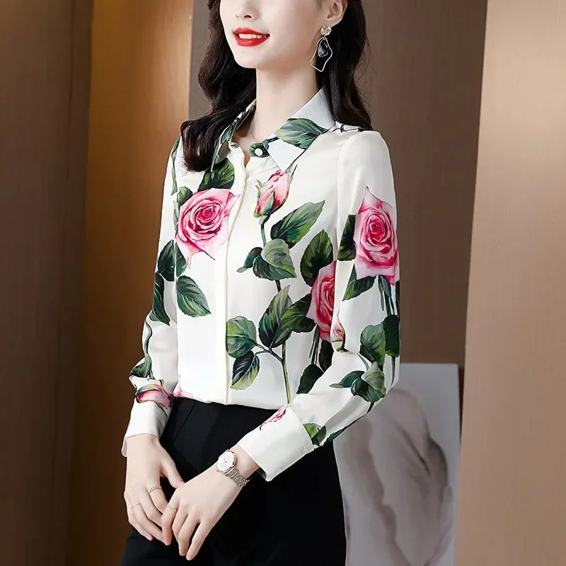 Vintage Print Revers Knoop Losse Florall Shirt Dameskleding 2024 Lente Nieuwe Casual Tops All-Match Office Lady Blouse Z273