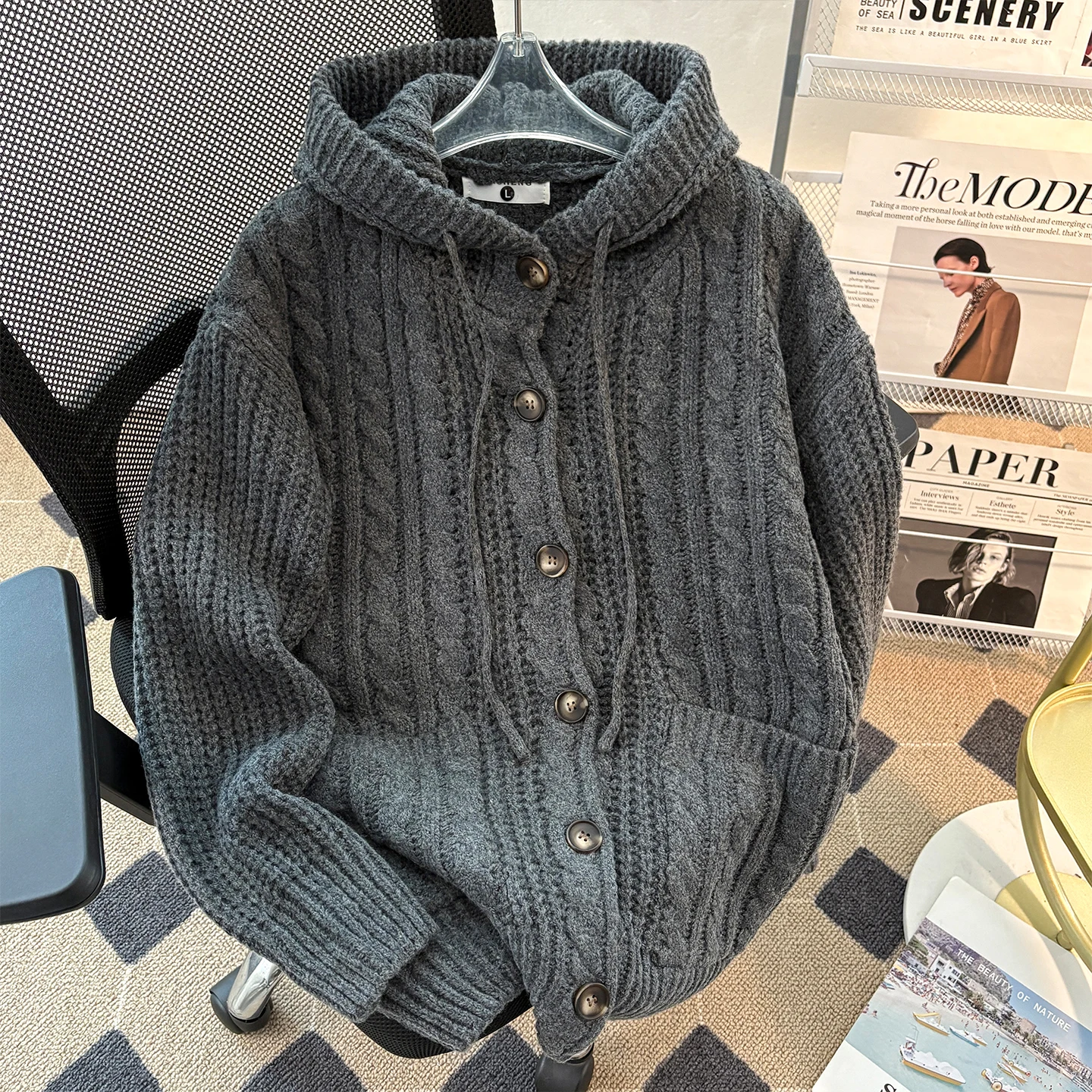 

ay Knitted Men's Sweater Autumn Winter Heavyweight Lazy Sle Twist Knit Cardigan Coat Casual Loose Fit Long Sve Hat