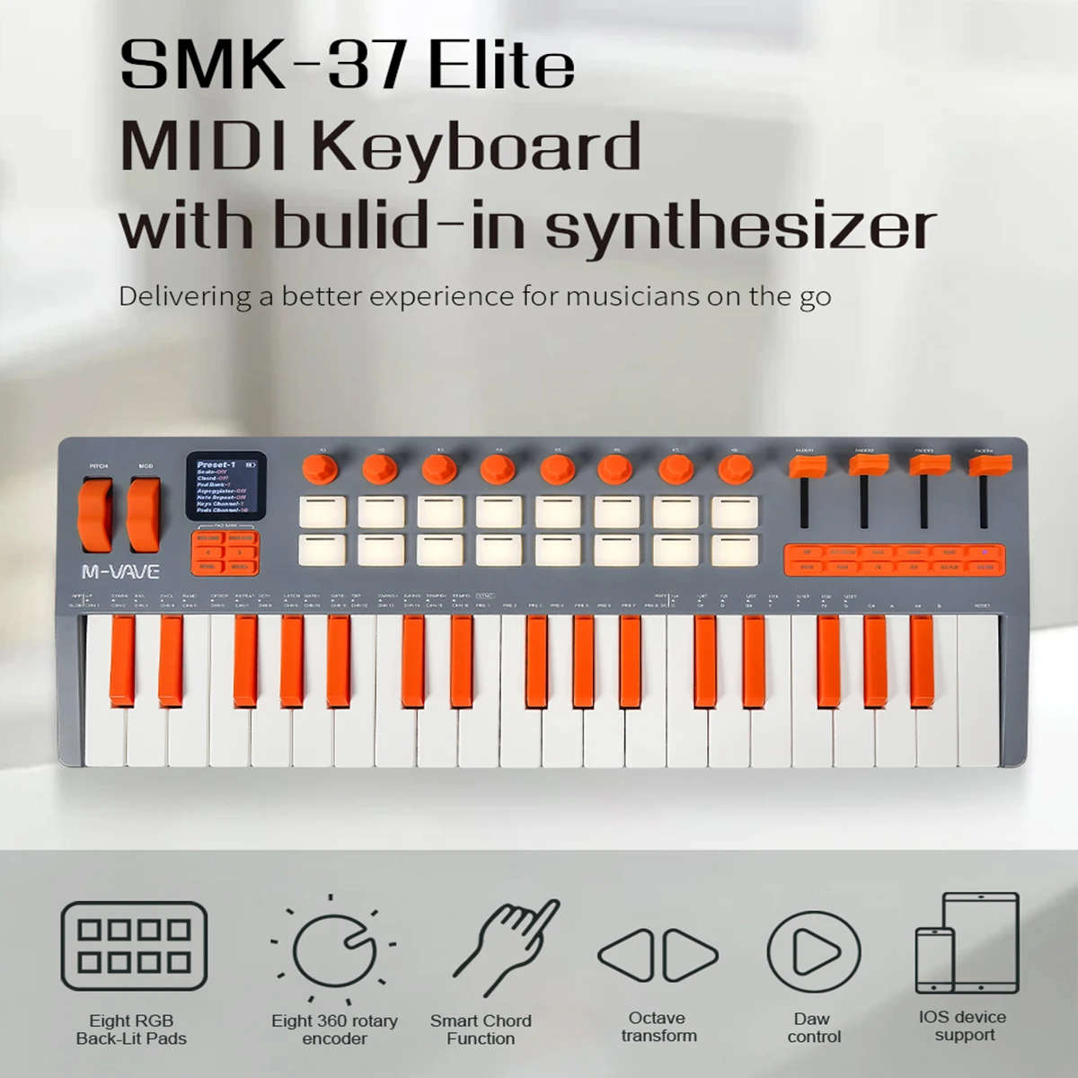 M-VAVE SMK-37 Elite Wireless MIDI Keyboard - 16 Pad, 8 Encoders