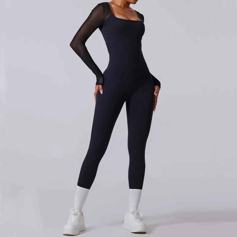 Yeni ped örgü uzun kollu gömlek kadın spor Yoga seti kıyafet Fitness egzersiz Legging tek parça tulum spor spor Bodysuit