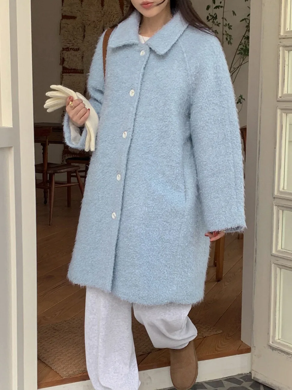 Abrigo elegante largo suave y esponjoso azul bebé para mujer, abrigo reductor de edad, Adorable abrigo coreano Sle para primavera, Otoño e Invierno