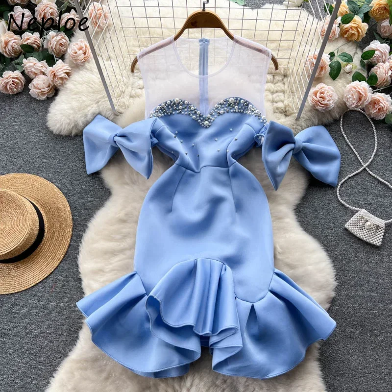 Neploe O Neck Mesh Patchwork Heavy Beading Robe Femme Vestidos De Mujer Elegant Sleeveless Bowknot Hip Package Ruffles Dresses