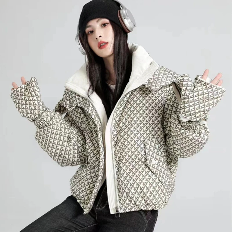 Down Coats with Gloves for Women, Thick Loose Hooded Jacket, Trendy Outerwears, Kilobird Check, High Street, Winter, New