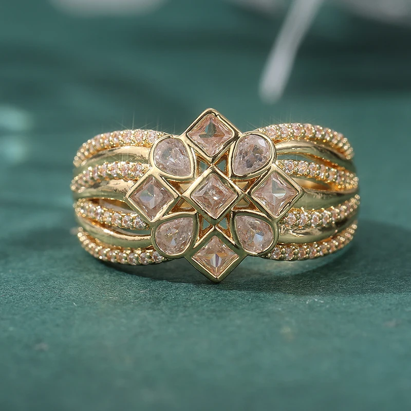 Eleganter Eingelegter Weißer CZ Damenring Vintage Goldfarben Geometrisch Tägliches Tragen Party-Schmuck Jubiläumsgeschenk – Detail 2
