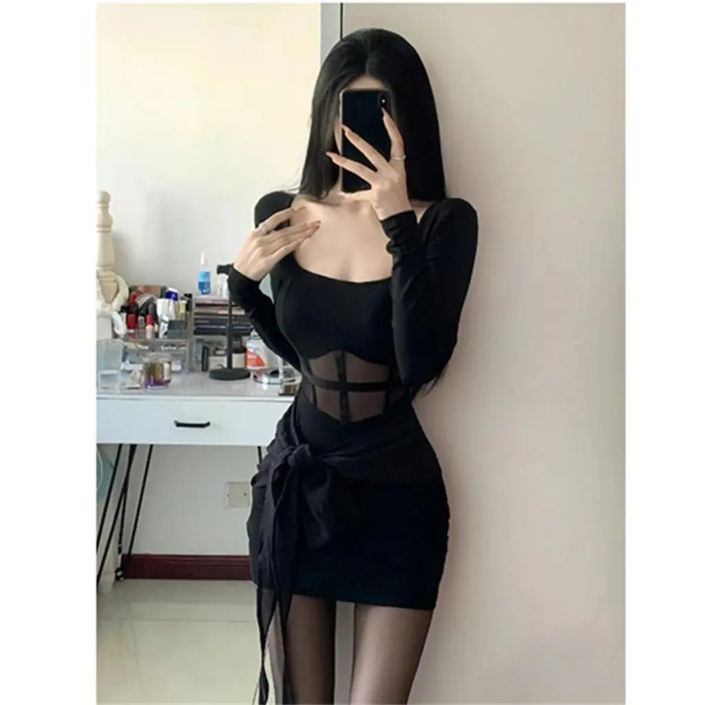 Robe à manches longues pour femmes, coupe cintrée, élégante, Style désir pur, Design français, jupe creuse aux hanches pour l'automne et l'hiver