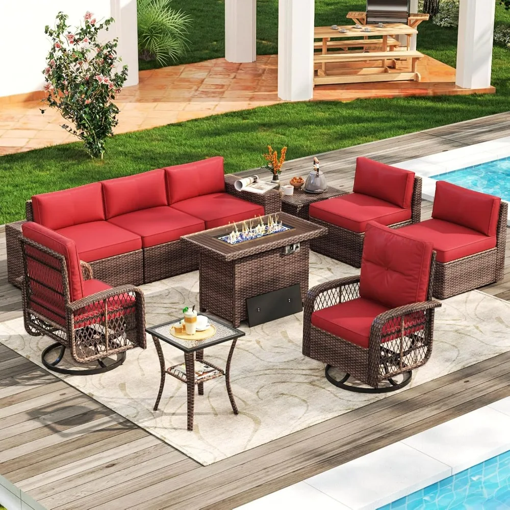 10 Pieces Patio Furniture Set Wicker Rattan Outdoor Furniture with Swivel Rocking Chairs for Patio, Deck, Courtyard and Garden