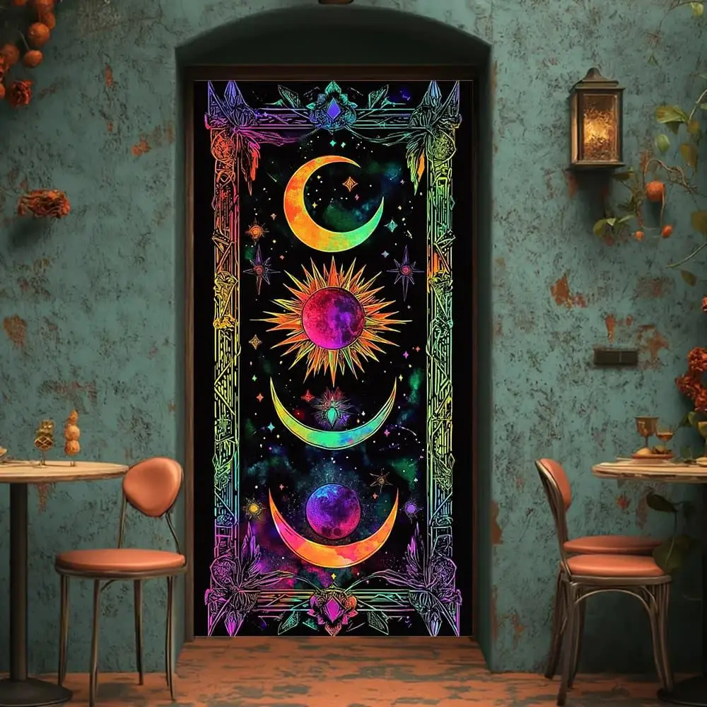 1 piece of iridescent polyester sun and moon curtains - vivid cosmic patterns featuring stars, planets and colorful spheres