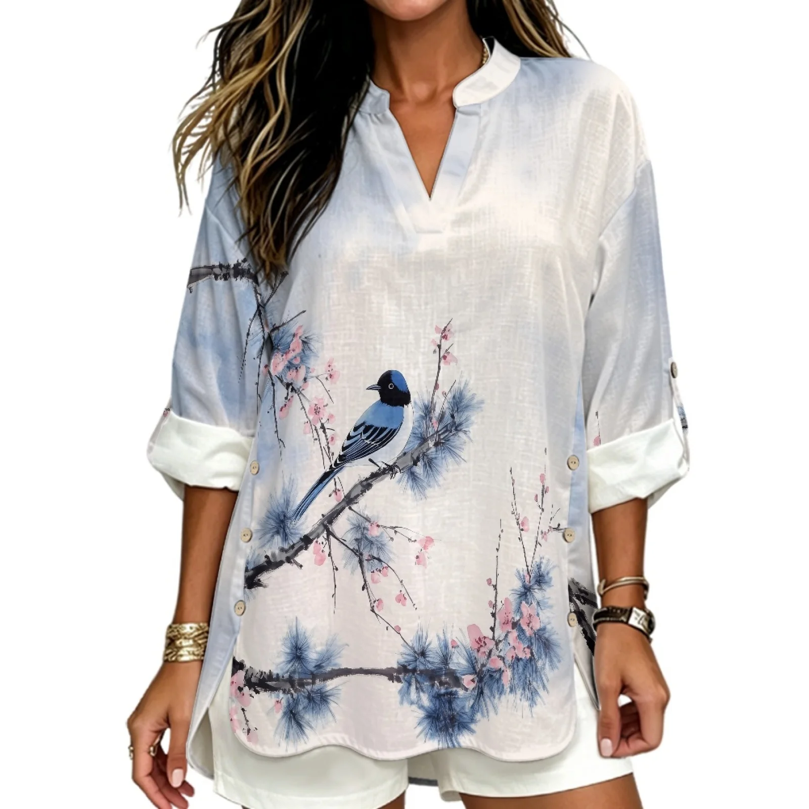 PENSTROLL Blue Bird Floral Linen Like Long Sleeve Ladies Tops for Beach Walks 3/4 Sleeve Casual Blouses V Neck Tops